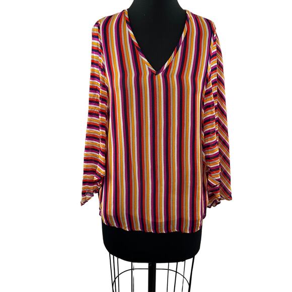 TRINA TURK Los Angeles Blouse Multi Stripe Printed Rayon Rib V-Neck Size S Small - Picture 2 of 9